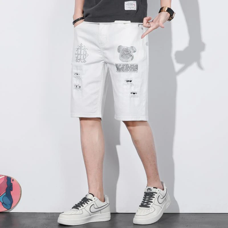 男士休闲牛仔裤短裤烫钻印花一线品牌百搭潮流薄款夏季5分中裤