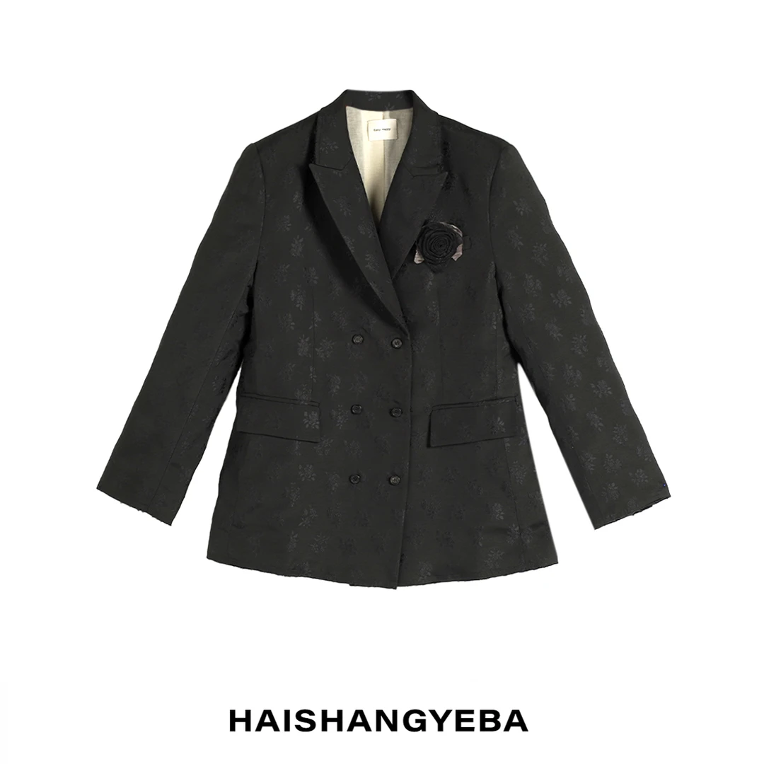 【海上叶爸】新款2025秋冬百搭人棉黑色印花气质西装