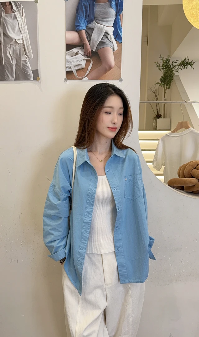 【欧尼家】早秋~韩系简约水洗棉衬衫 衣长64