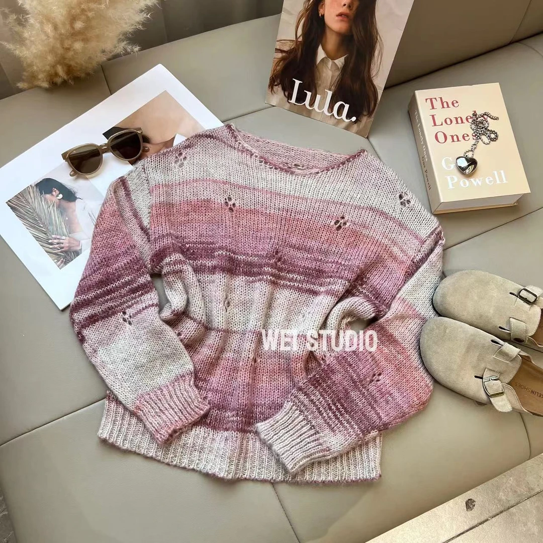 【星空】秋季新款宽松慵懒风镂空渐变条纹套头针织衫MY1467