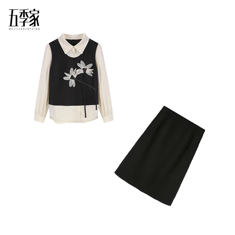 胖妹妹大码女装时髦假两件拼接印花上衣黑色半裙套装ZL41834