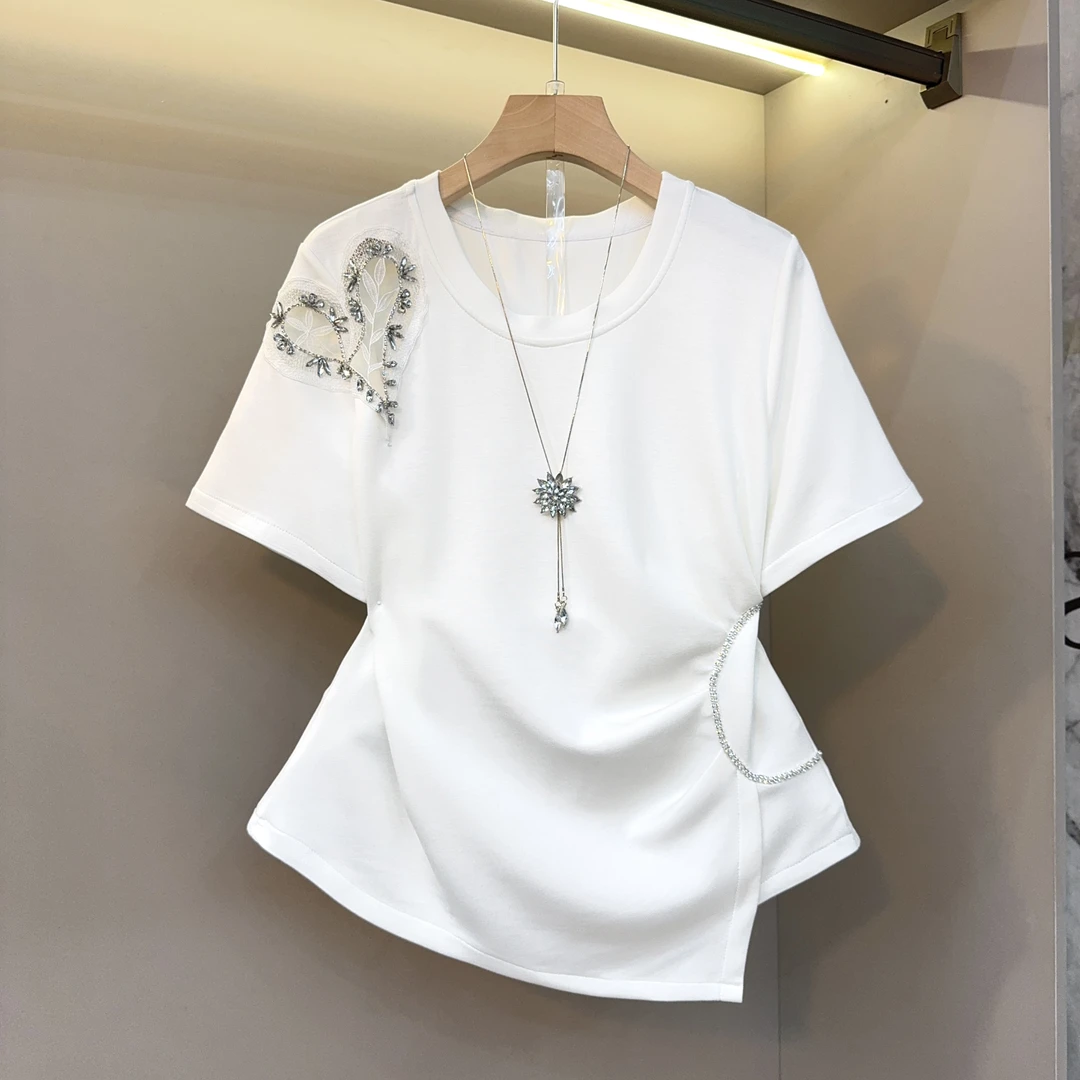 夏季新款蕾丝拼接镶钻别致设计感胖妹妹显瘦百搭复古短袖T恤8635