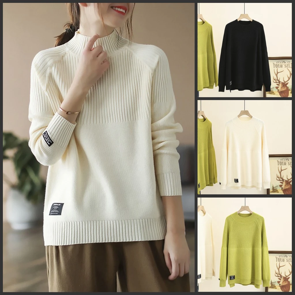 110-200斤大码女装胖mm冬季半高领遮肚子显瘦贴标开叉毛衣打底衫