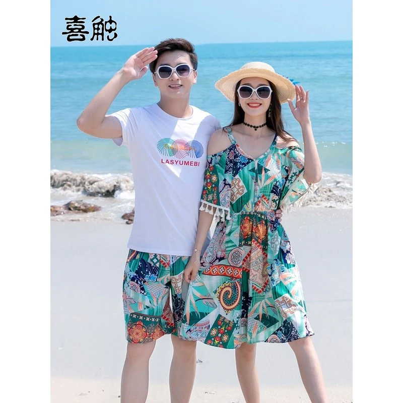 喜触沙滩裙女显瘦情侣装夏季海边度假三亚蜜连衣裙女小个子加宽加