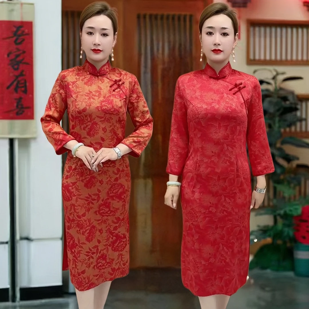 改良旗袍连衣裙女2025新款秋季洋气喜婆婆妈妈婚宴礼服轻奢高级感