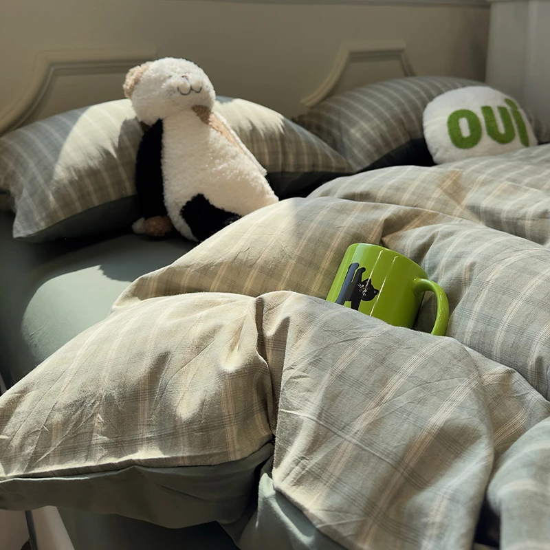 小清新简约格子全棉床上四件套100%纯棉被套床单床笠宿舍床上用品