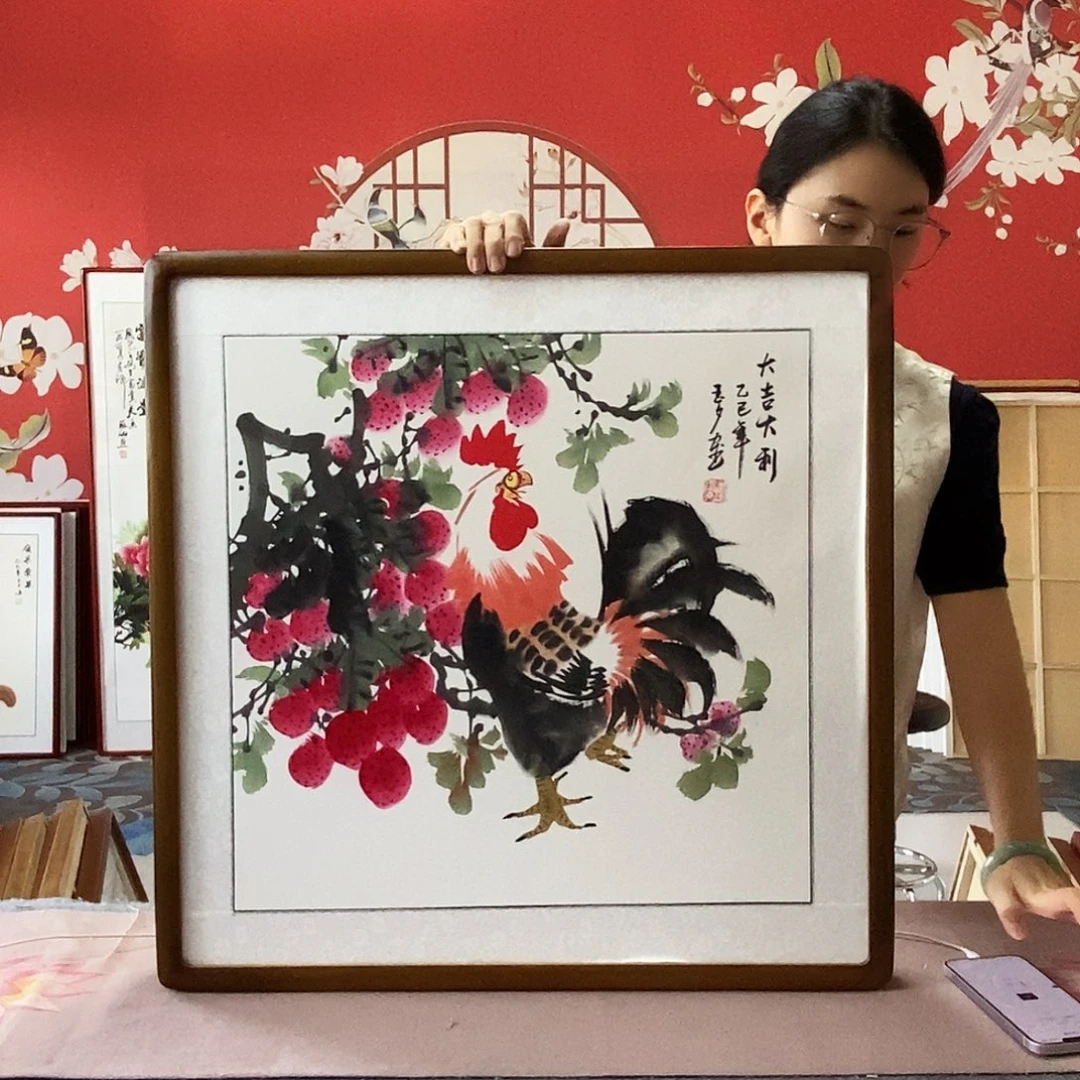 国画手写手绘国画作品带框包邮62✖️62