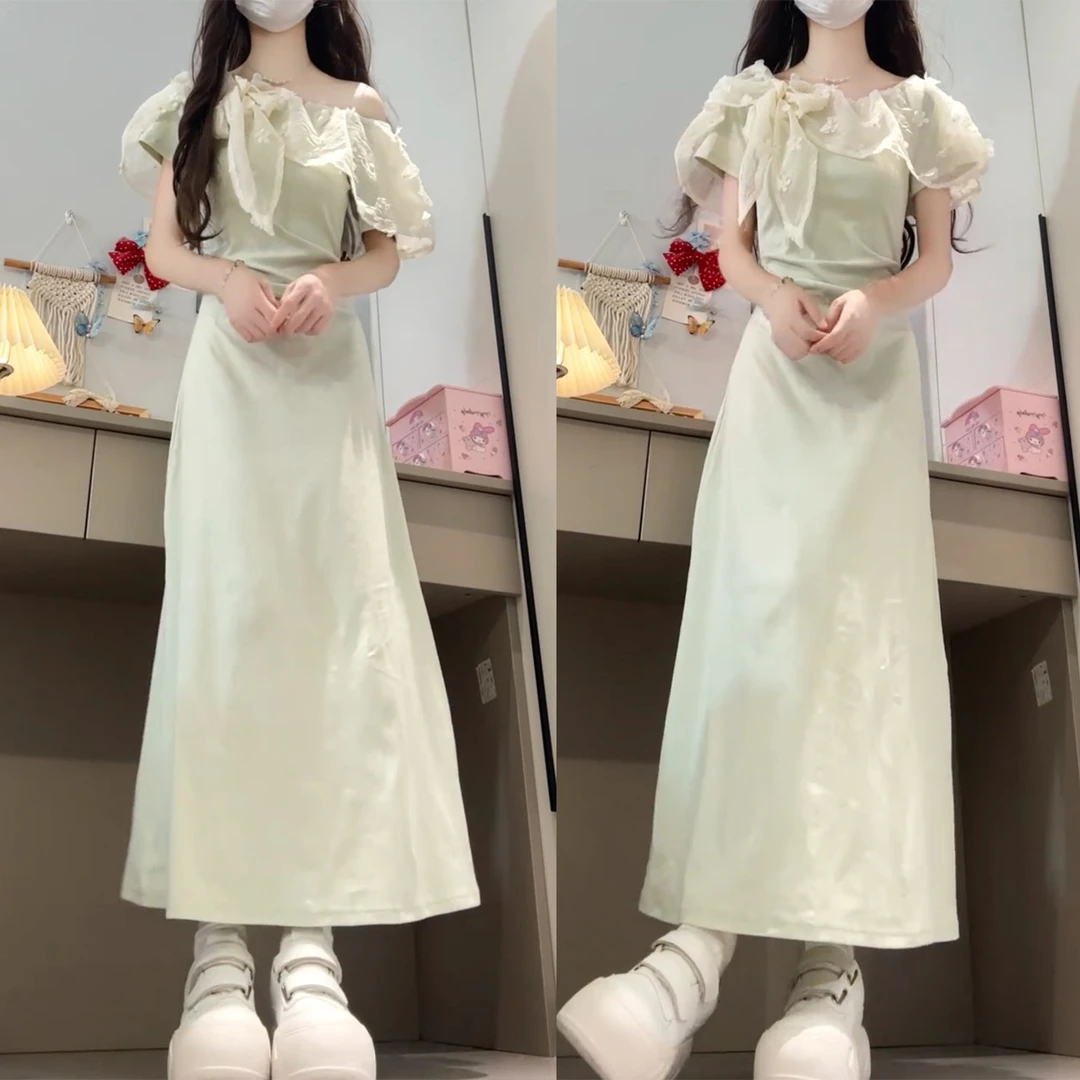 法式绿色蕾丝短袖露肩连衣裙子女夏季2025新款一字肩长裙旅游穿搭