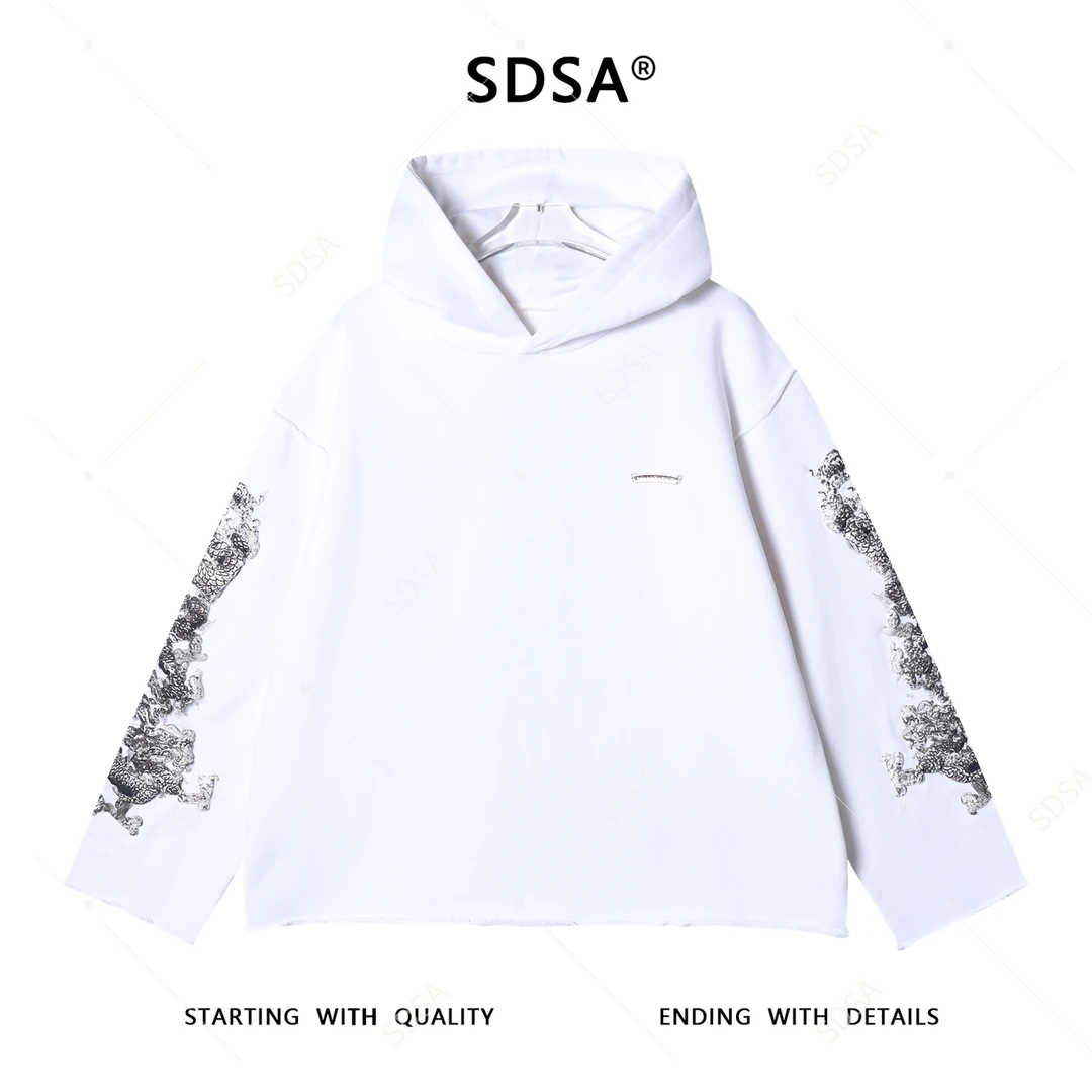 SDSA男士秋冬新款痞帅男装韩版磨边发泡印花连帽卫衣百搭时尚上衣