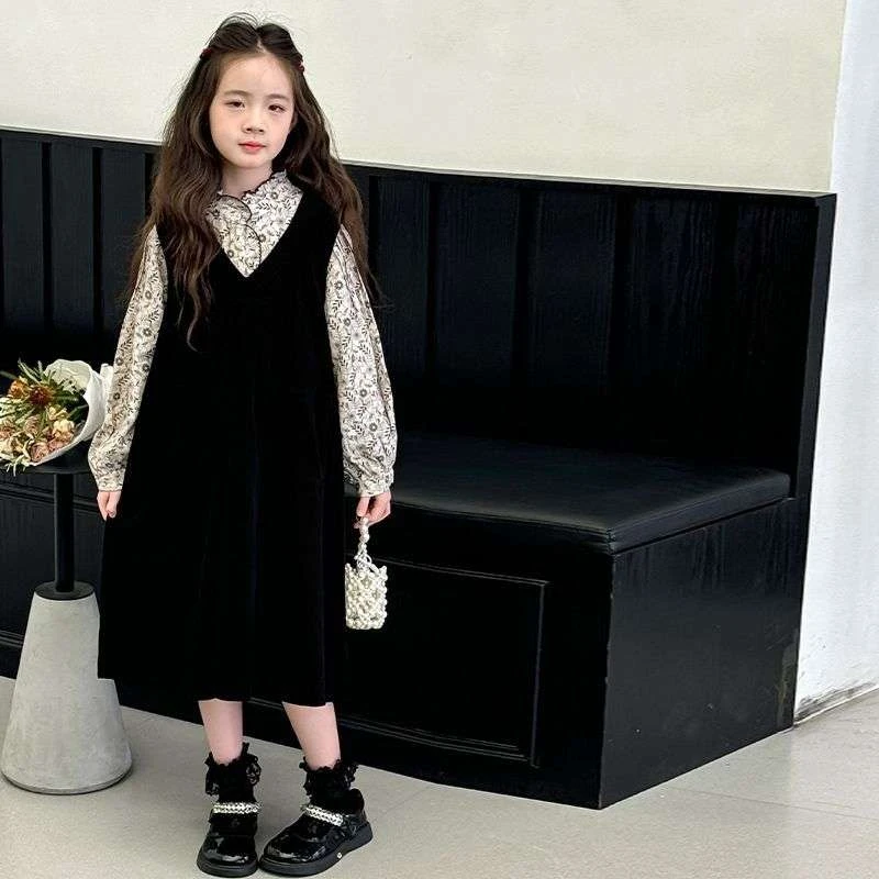 女童套装春秋款宽松连衣裙中大童韩版女孩碎花裙儿童背心裙两件套