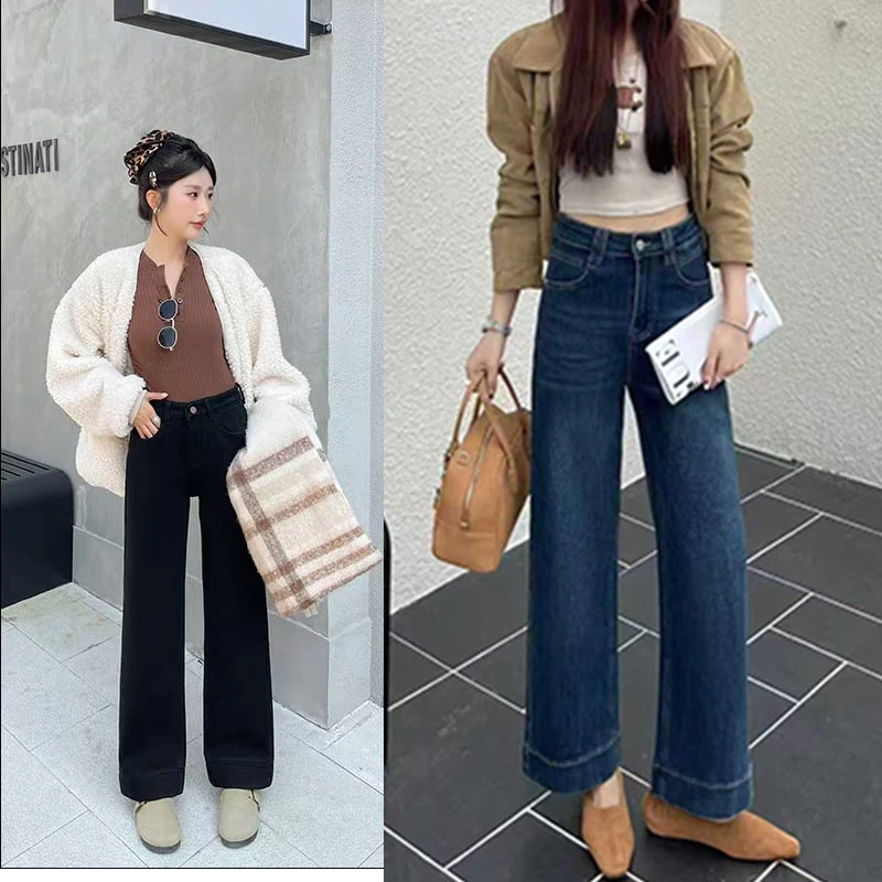 冬季高腰加绒加厚牛仔直筒裤小个子韩版时尚百搭两个长短