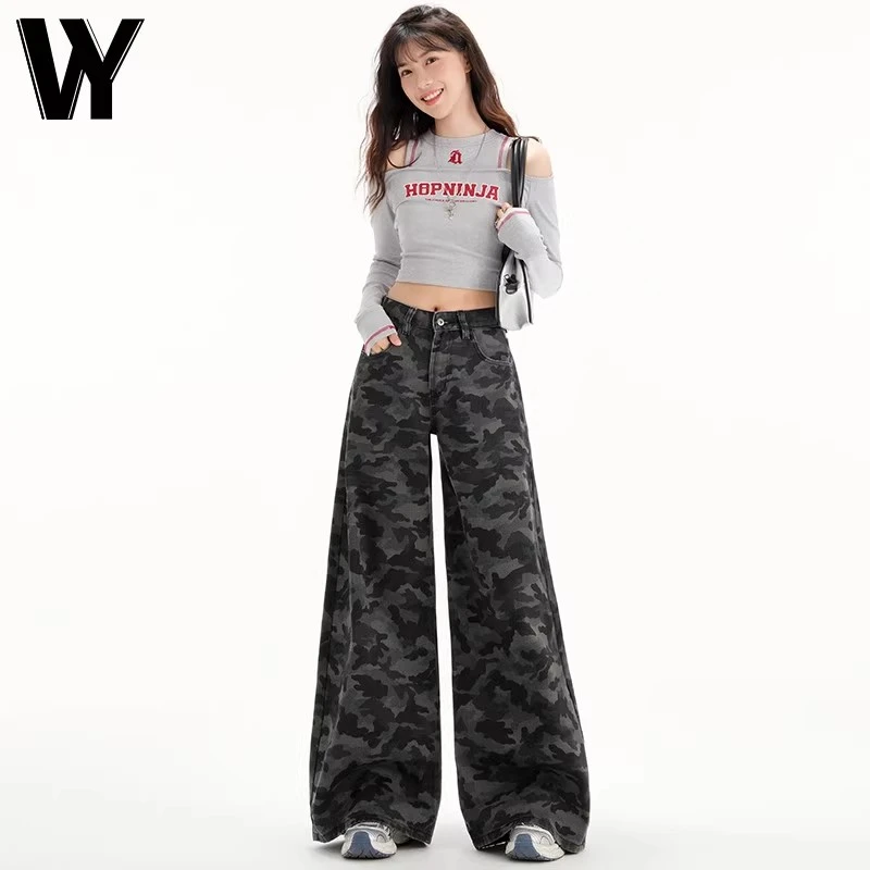 美式高街工装阔腿迷彩牛仔裤女2025春季复古高腰宽松显瘦直筒裤子