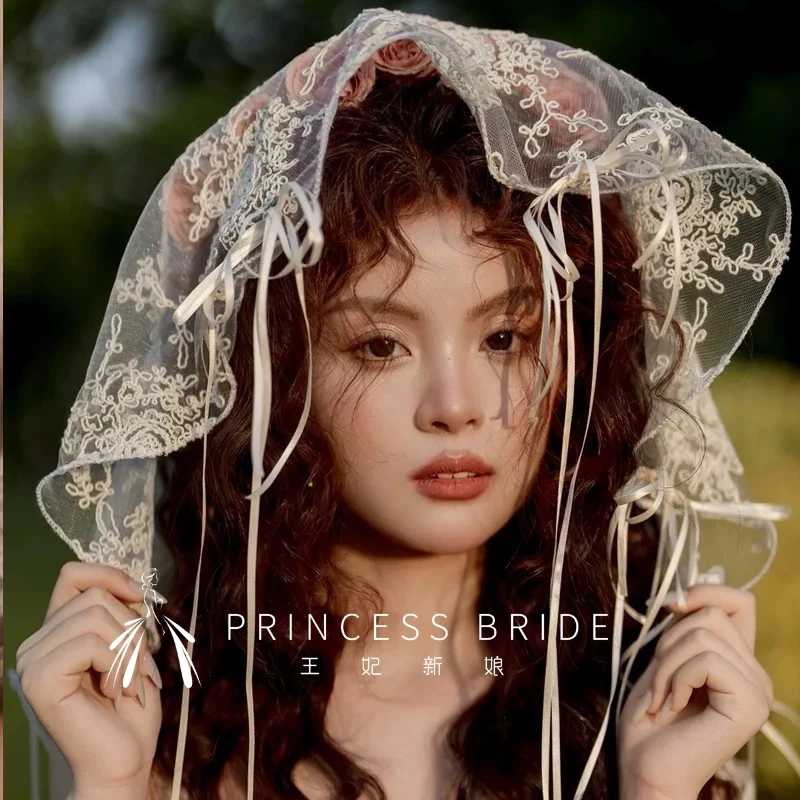 新娘头纱森系高级感甜美蝴蝶结复古蕾丝主婚纱气质氛围感减龄头饰