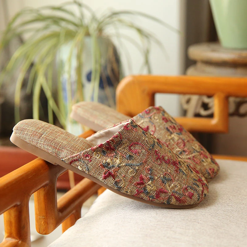 2025新款老北京布鞋女拖提花透气平底防滑旗袍鞋圆头居家拖鞋女鞋