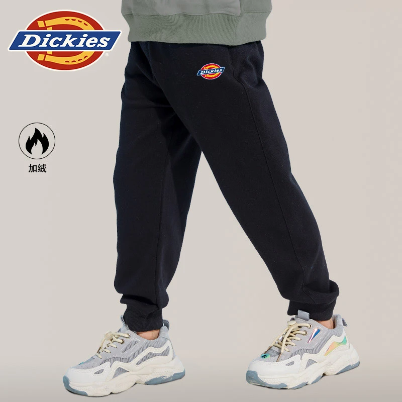 Dickies童装儿童裤子男童秋冬款薄绒运动裤女童加绒黑色保暖长裤