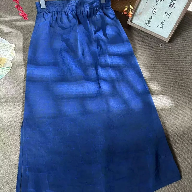 夏季新款新中式国风纯色老料龟裂纹中高腰开叉半身裙
