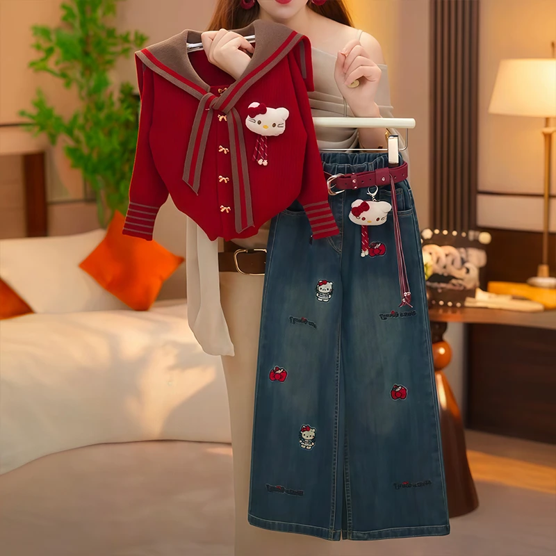 女童KT猫套装春秋季2025新款儿童毛衣外套女孩秋装牛仔裤两件套