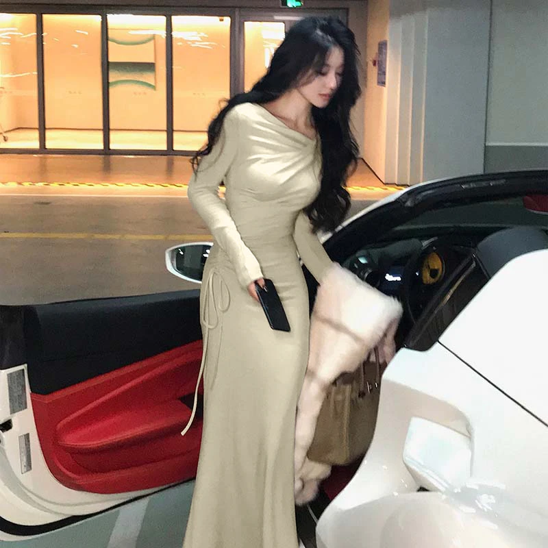 春秋款荡领长袖连衣裙女抽绳收腰显瘦包臀鱼尾裙D3171