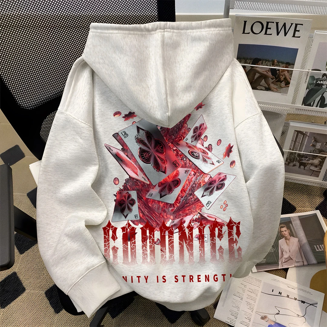 重磅潮牌扑克印花连帽卫衣男女秋冬新款加绒宽松外套上衣青少年