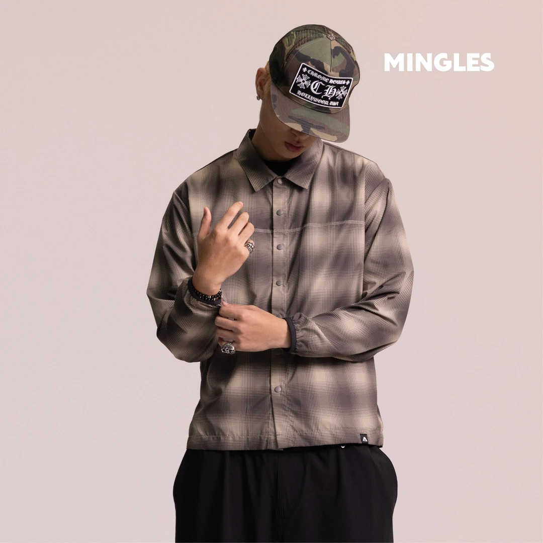 MINGLES 轻量户外格子衬衫 三防时尚运动潮流短款单排扣防水上衣