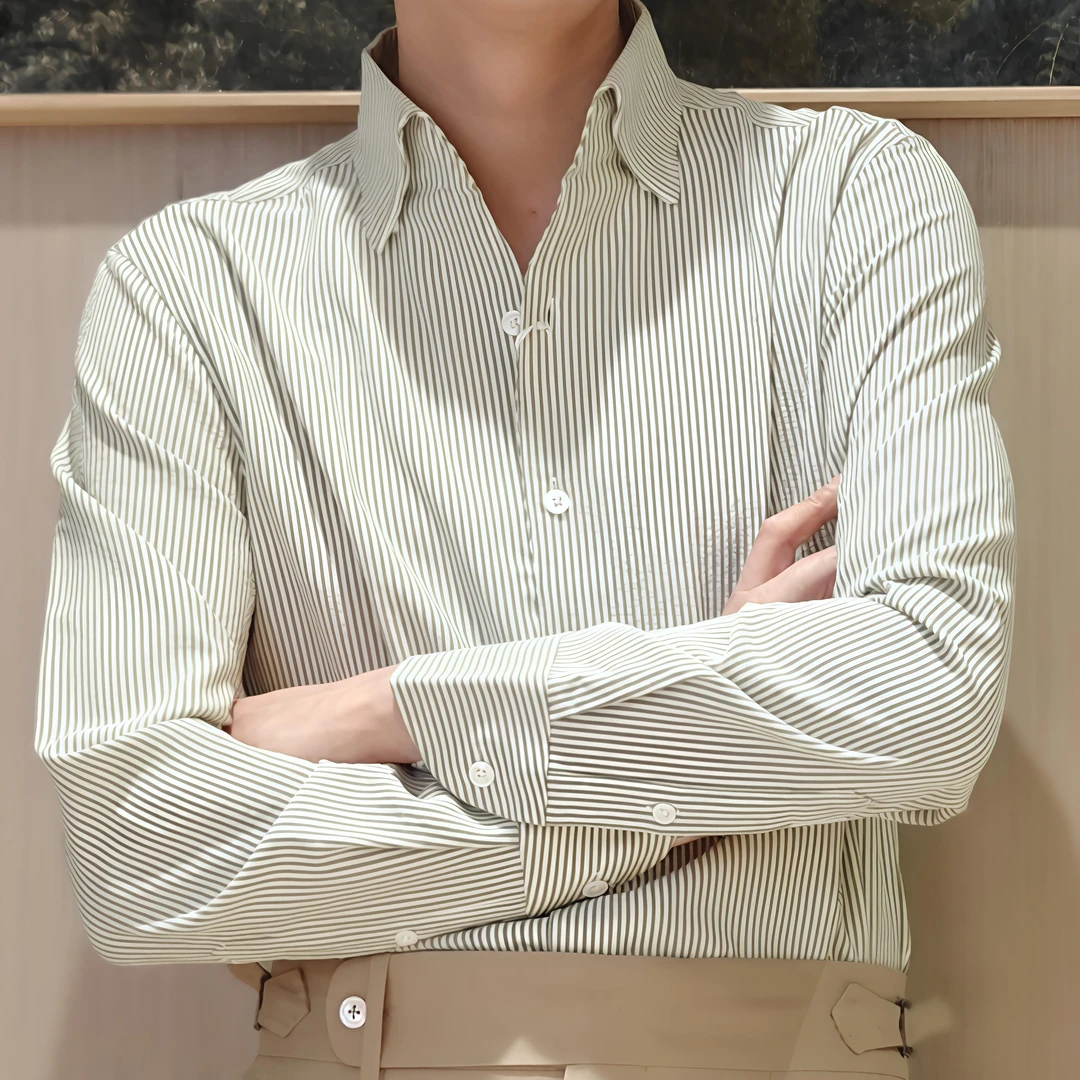 25ss男士条纹长袖衬衫复古设计感休闲百搭衬衣开衫上衣意式一片领