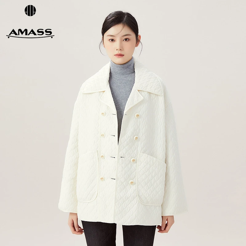 阿玛施AMASS热感力减龄甜美单排扣菱格宽松中长棉服外套5400440