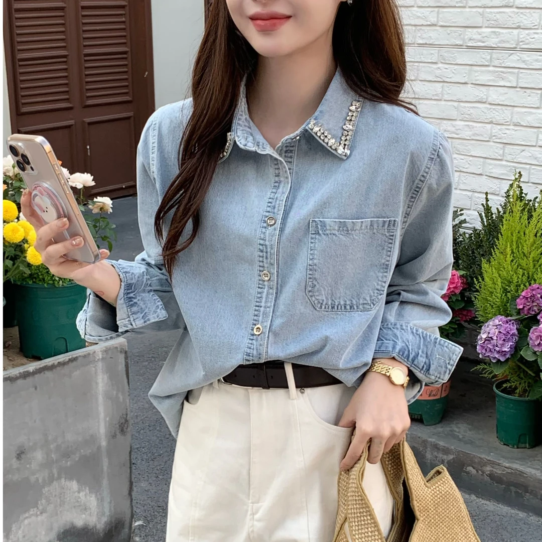 【晨浠定制】新款时尚钻领牛仔外套8916