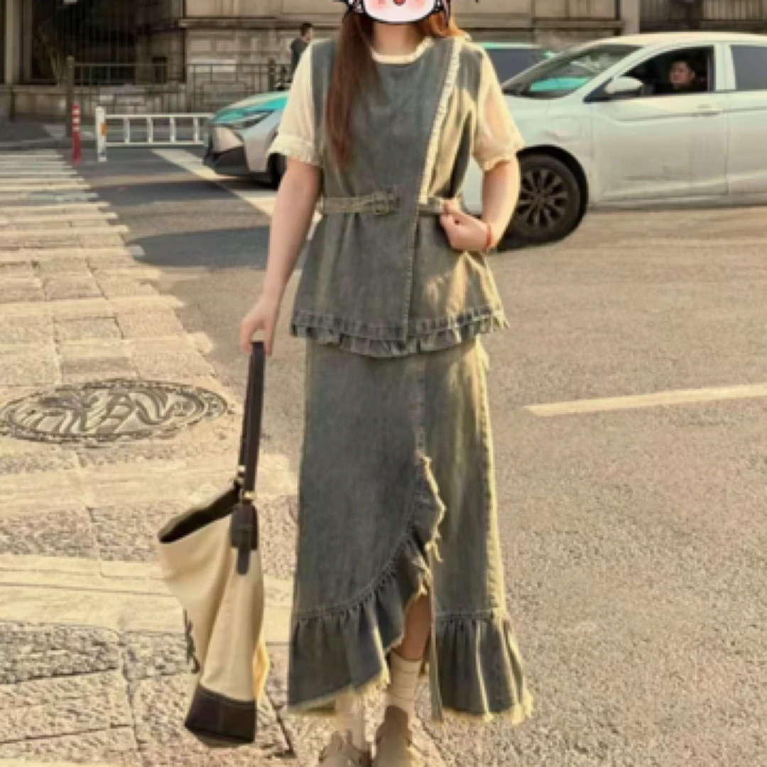 大码女装夏拼接假两件牛仔衬衫上衣半身裙套装胖mm遮肚子