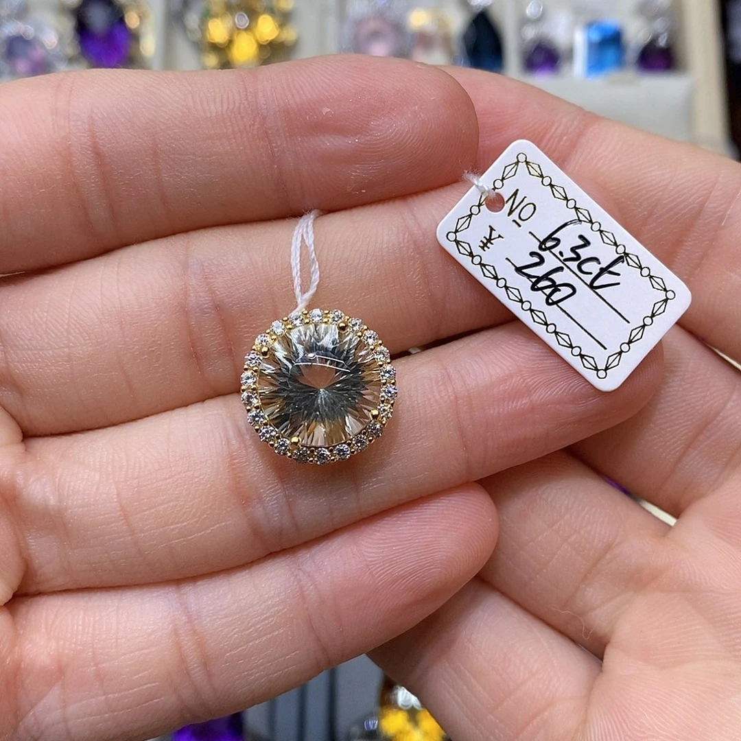 银S925镶嵌水晶珠宝半成品天然绿水晶吊坠