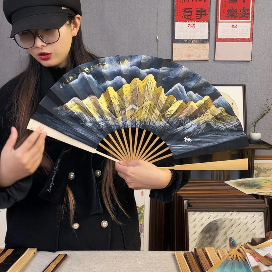 国画10寸玉竹-纯手绘-文玩扇骨（默认粘好）