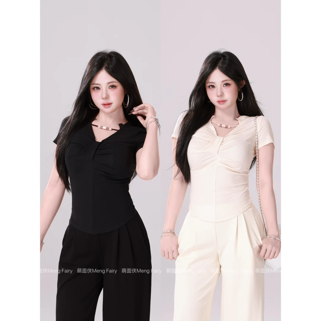 现货萌面侠【丝滑芙蕾】91莱赛尔纯欲设计感修身短款上衣6215欧若风