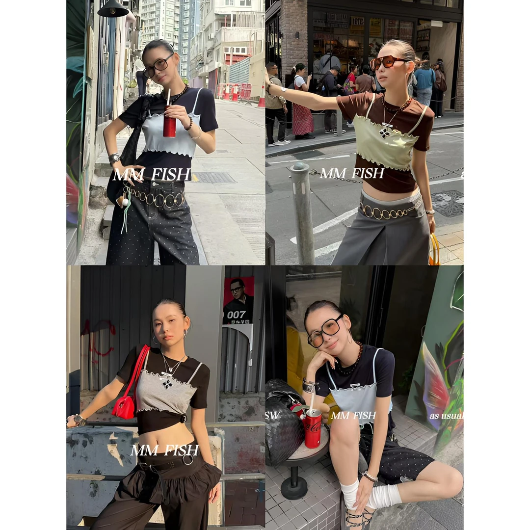 馒头 福（1mtt192#）假两件的、木耳边修身短T恤 7-9