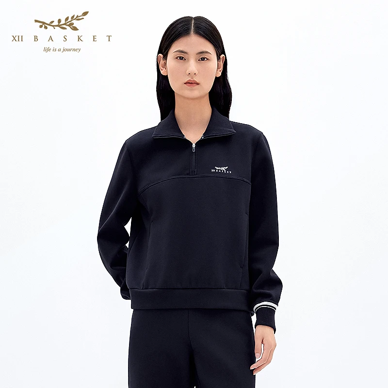 XII BASKET十二篮25春新款简约空气层拉链半开襟卫衣女7C35170380