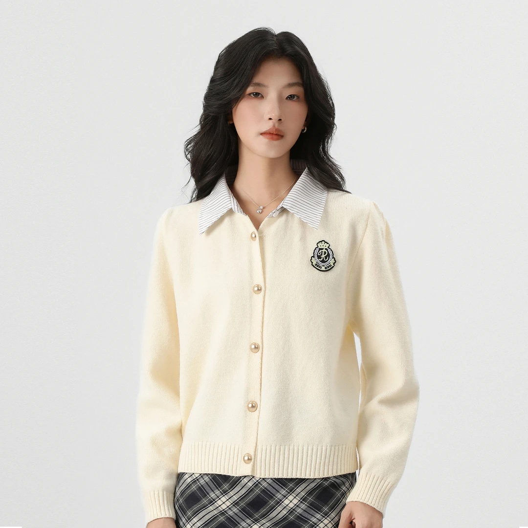 YIGUJIE/依古街假两件学院风毛衣外套秋冬季设计感POLO领针织开衫