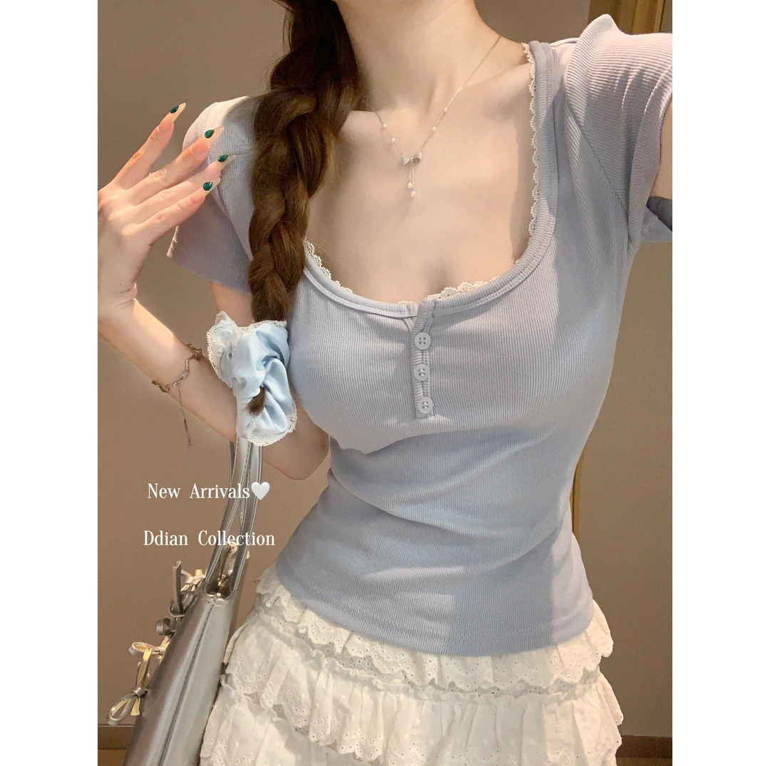 Baby蓝蕾丝拼接露锁骨大领口短袖t恤女夏辣妹内搭u领正肩短款上衣