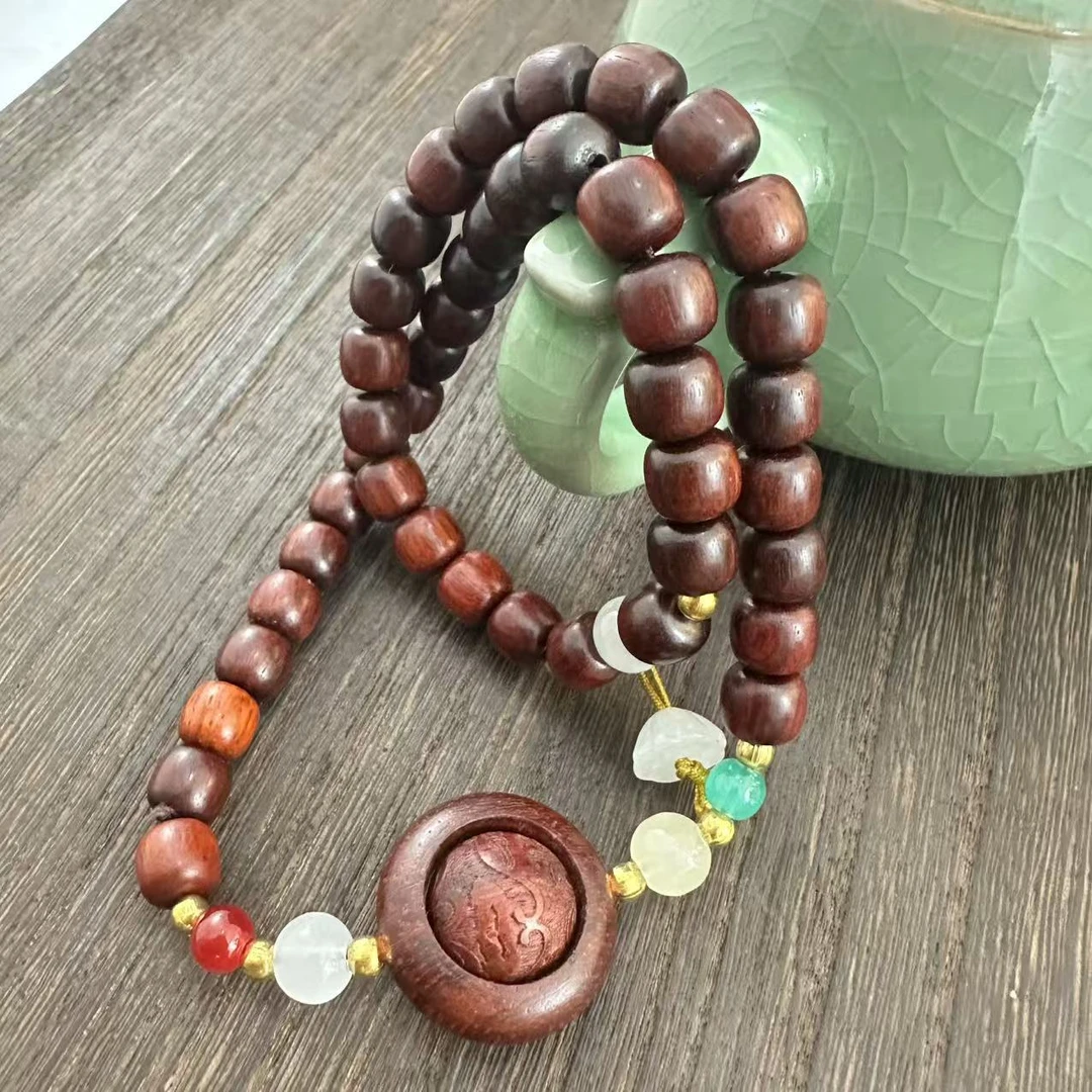 血檀木双圈手串老型桶珠配莲蓬吊坠双圈手串BJST103