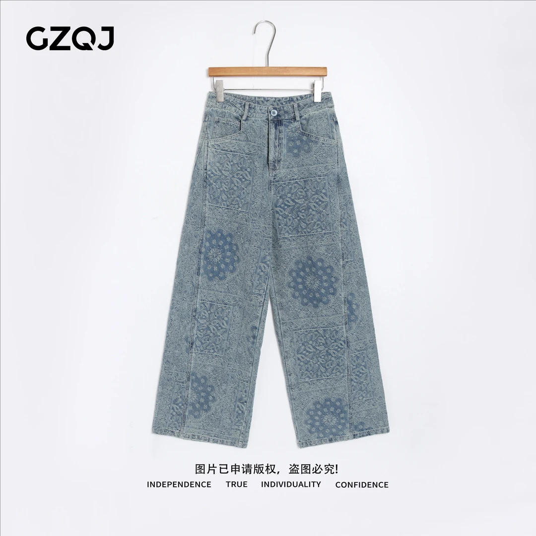 老琴私服【腰果花蓝牛】欧若风时尚高街宽松裤子阔腿牛仔裤 46060