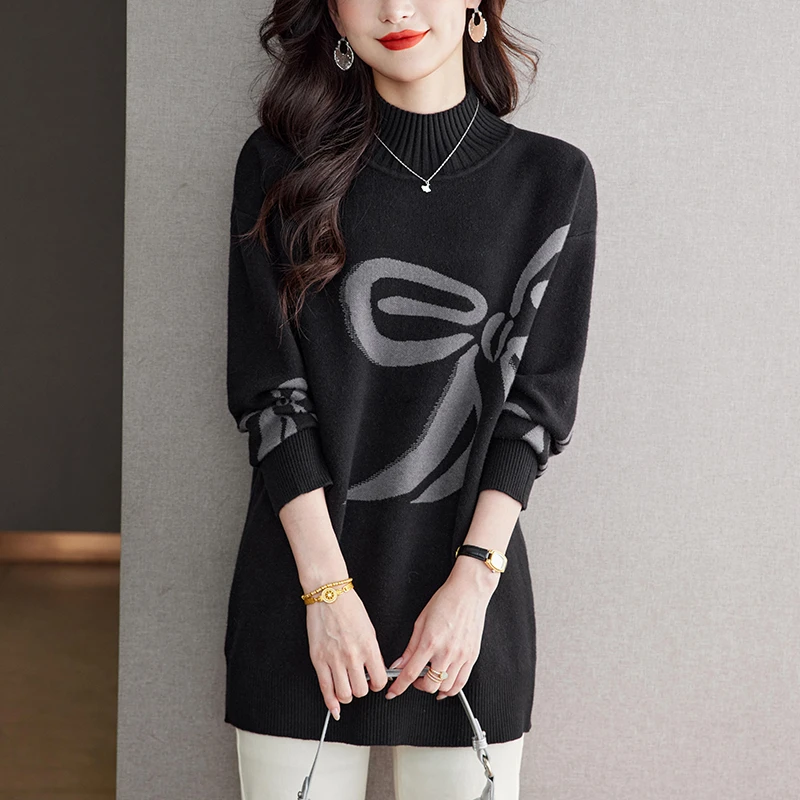 春秋大码外穿中长款毛衣女宽松显瘦秋冬提花毛衣百搭半高领打底衫