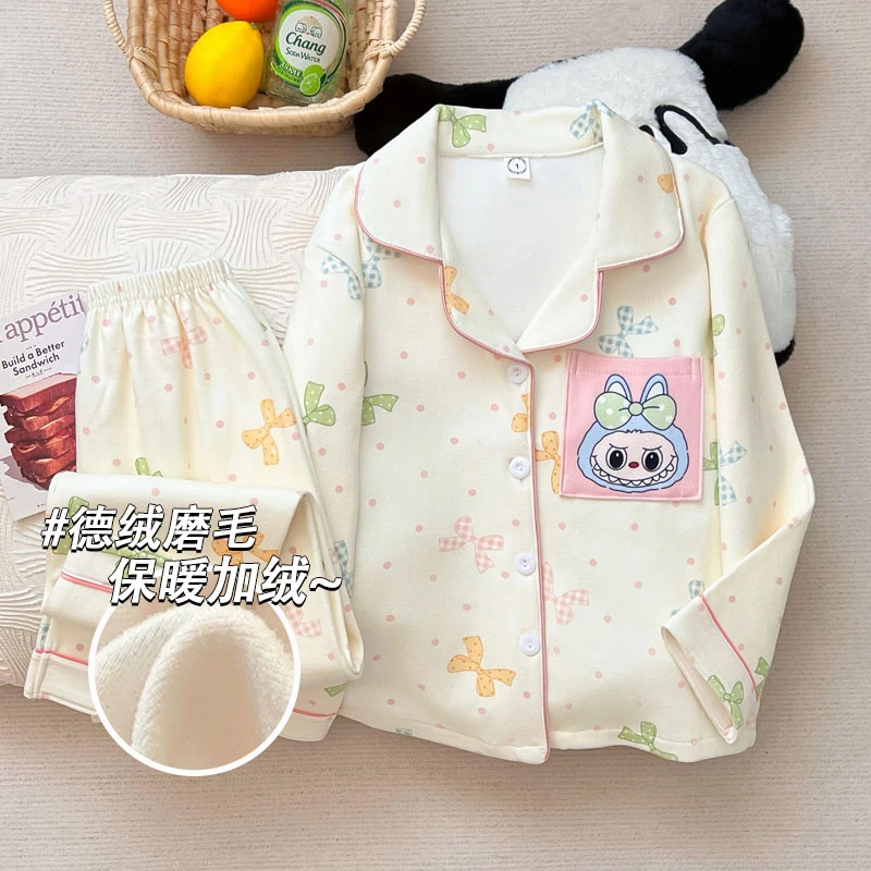 2025秋冬新款儿童开衫睡衣加厚德绒磨毛保暖女孩中大童家居服套装