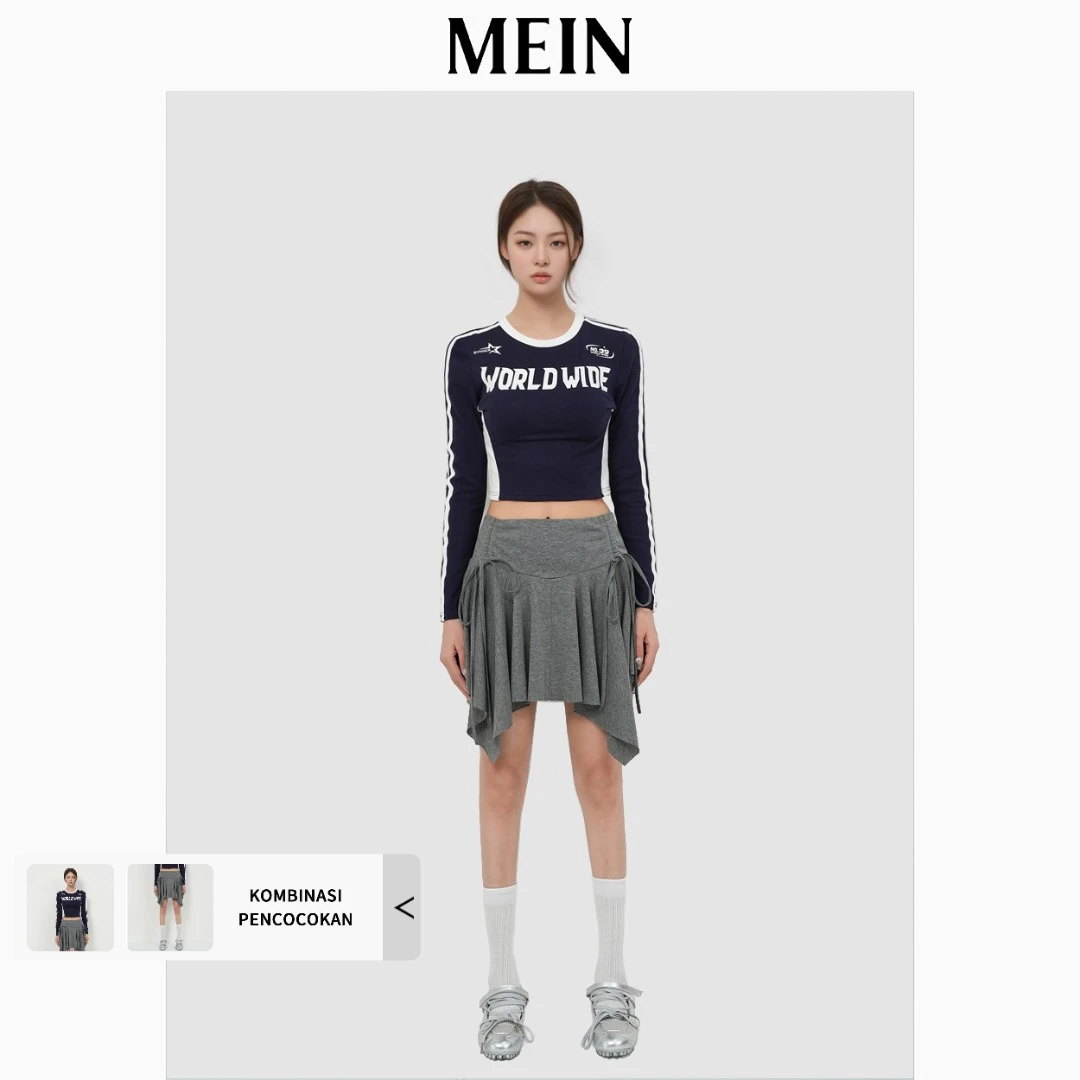 [MEIN] 运动少女系列 不规则高腰显瘦抽绳灰色纯色短裙 92049