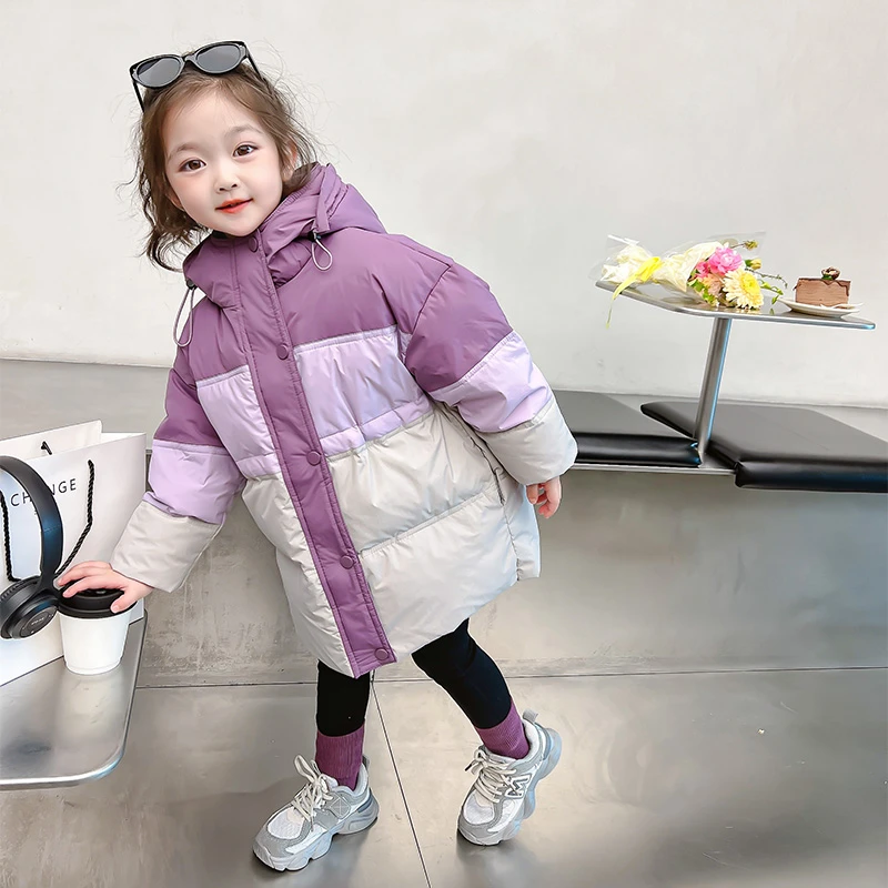 女童冬季中长款拼色羽绒服2025新款洋气连帽中小童加厚白鸭绒棉服