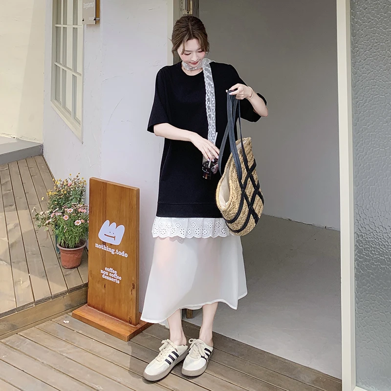 五一穿搭一整套黑色套装裙女夏今年流行假两件T恤裙半身裙两件套