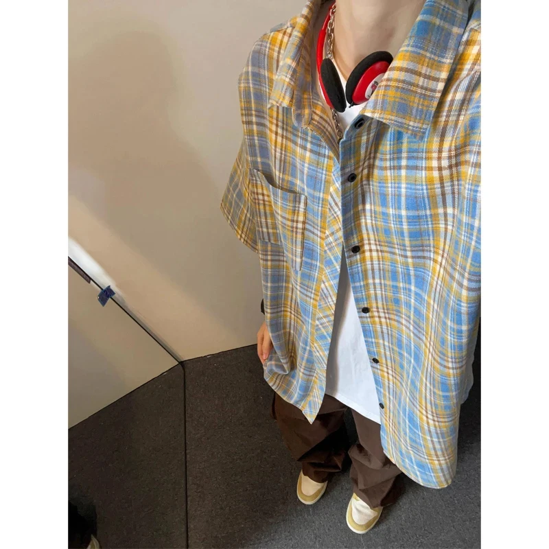 cleanfit黄蓝色格子短袖衬衫男款夏季美式复古格纹衬衣情侣装外套