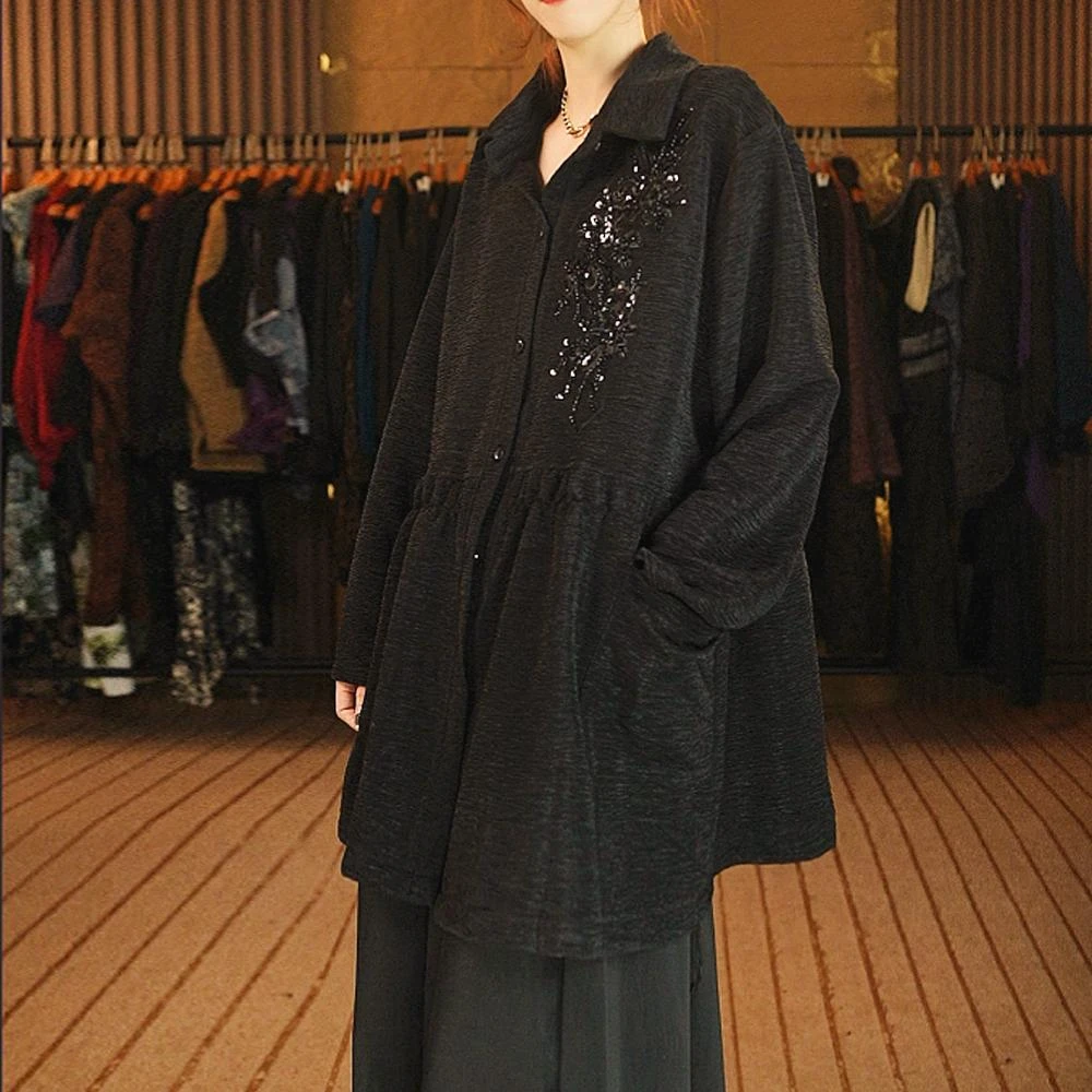 118 亚麻亮片设计款黑外套大码民族风休闲百搭显瘦气质开衫上衣
