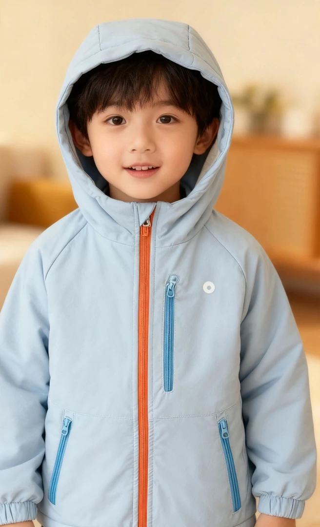 三色连帽撞色拉链儿童胸前印花冬季保暖棉服外套