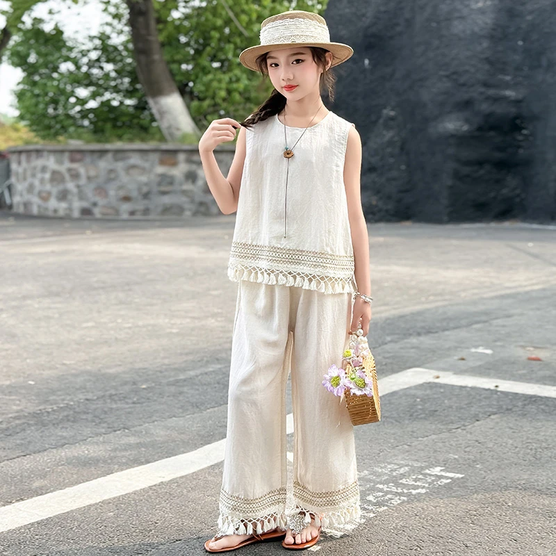 女童夏装套装中大童洋气网红流苏背心天丝亚麻流苏阔腿裤两件套潮