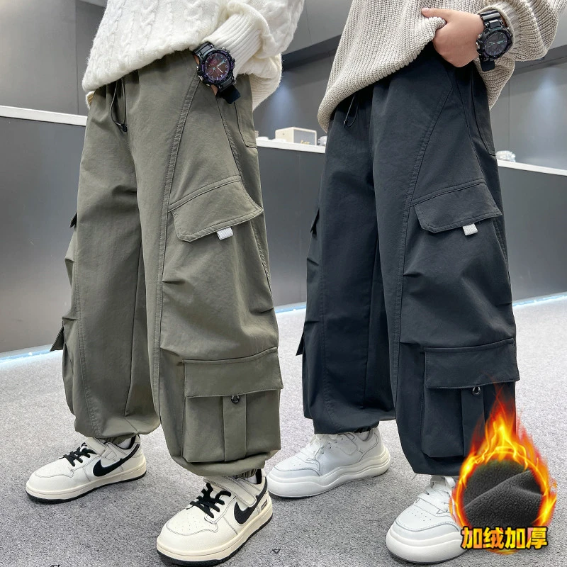 男童加绒工装裤秋冬宽松2025中大童休闲韩版儿童冬季长裤洋气潮流