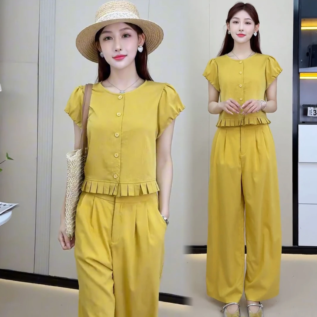 衬衫套装夏季薄款法式木耳边无袖上衣阔腿时尚休闲洋气显瘦两件套