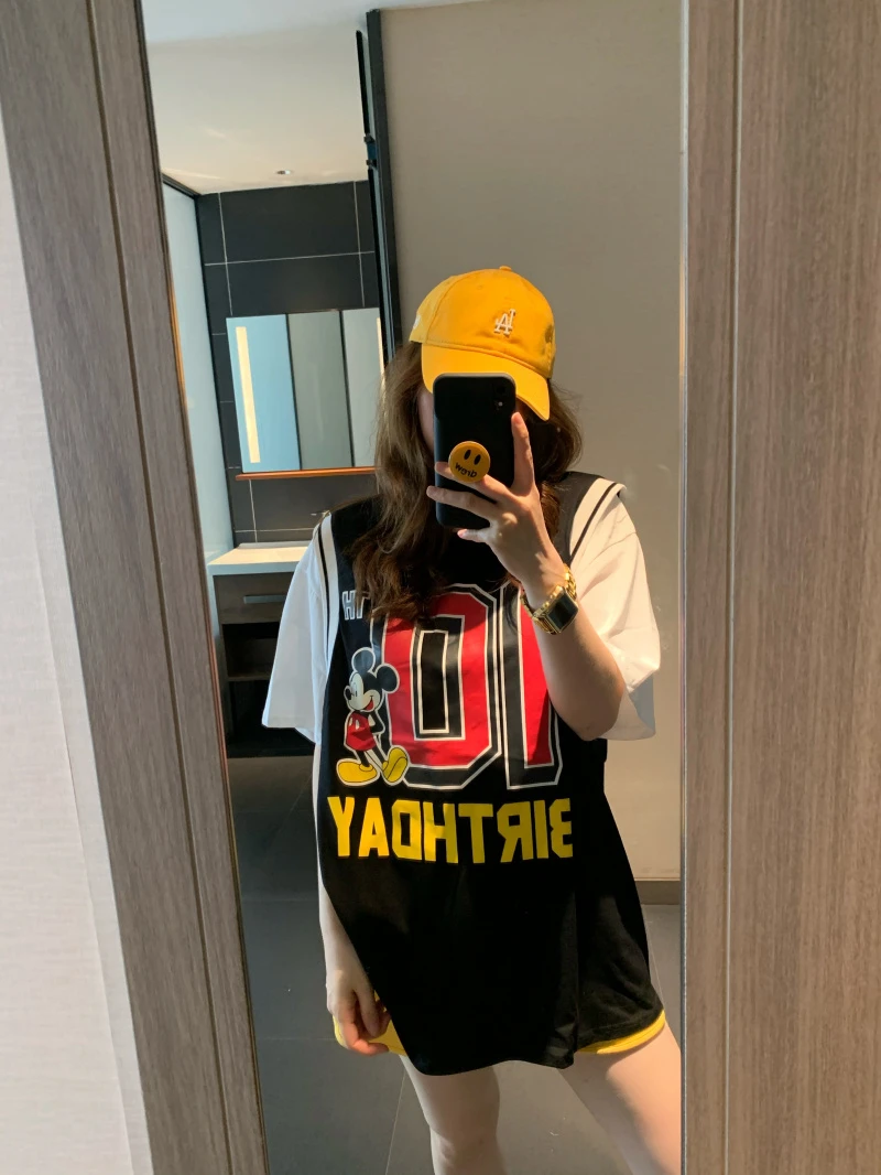 女装假两件盖臀拼接篮球服球衣运动风宽松短袖T恤