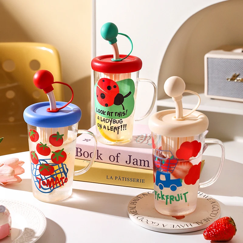 舍里玻璃水杯女生可爱带把大容量吸管杯新款办公室夏日泡茶杯子